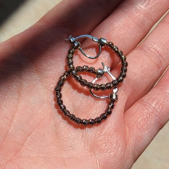 Vintage Sterling Silver Dazzling Bronze Boho Western Beaded Round Hoop Earrings - Picture 7 of 7